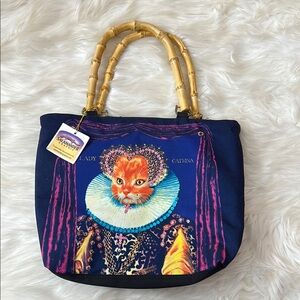 Blue Cat Print Tote Bag with Bamboo Handles